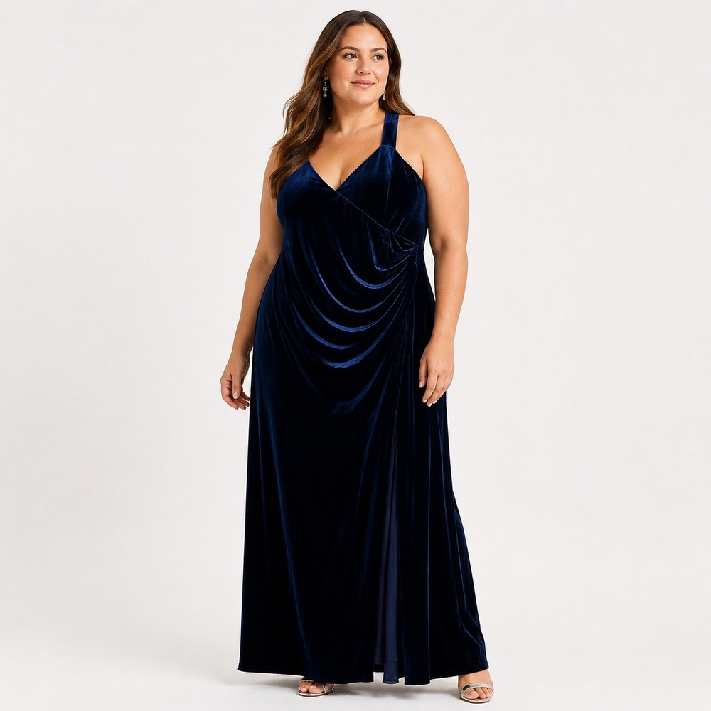 Bob Mackie Velvet Gown Women 24 Navy Blue Halter Draped Maxi Slit Formal Event